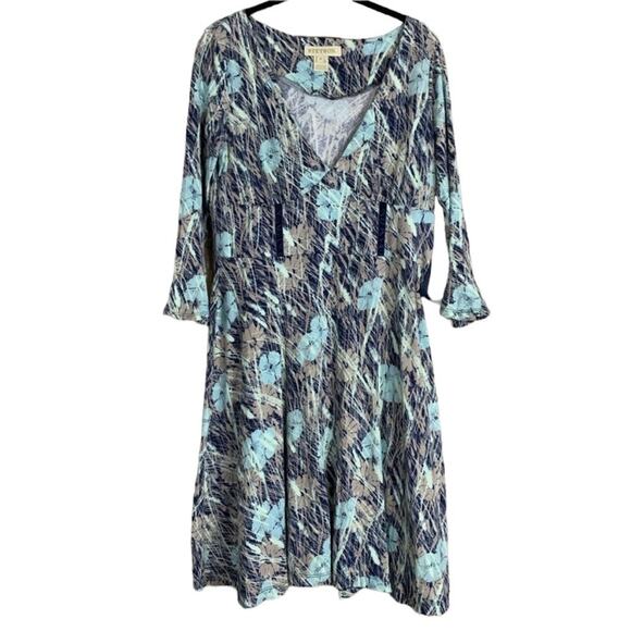 Stetson Cropped Sleeve Blue Gray Floral V-Neck Dress Size Medium - Picture 1 of 8